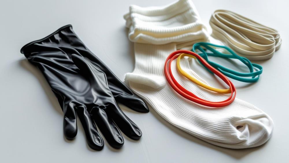 A latex glove, socks and rubber bands